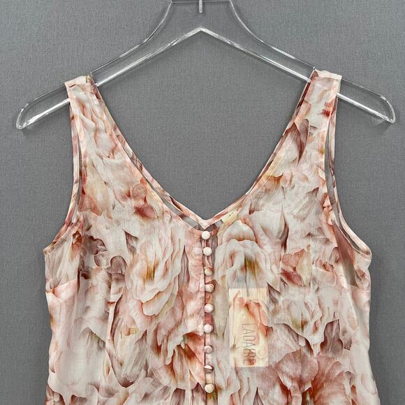 LADAIRE Silk Button Front Ruffle Tank Women XS Pink Floral V Neck Wide Strap New - Picture 3 of 11